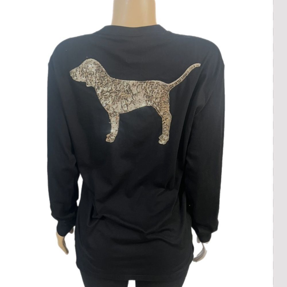 Victoria’s Secret Pink bling sequins Logo oversized tee long sleeve black S
